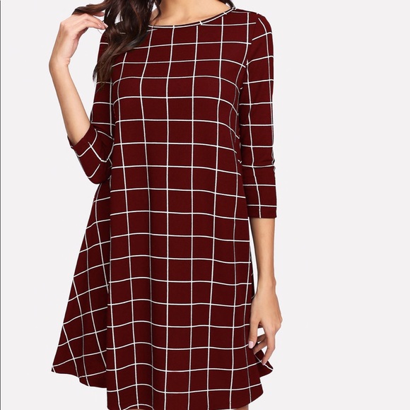 2 Left! Burgundy Windowpane Swing Dress - Picture 2 of 6
